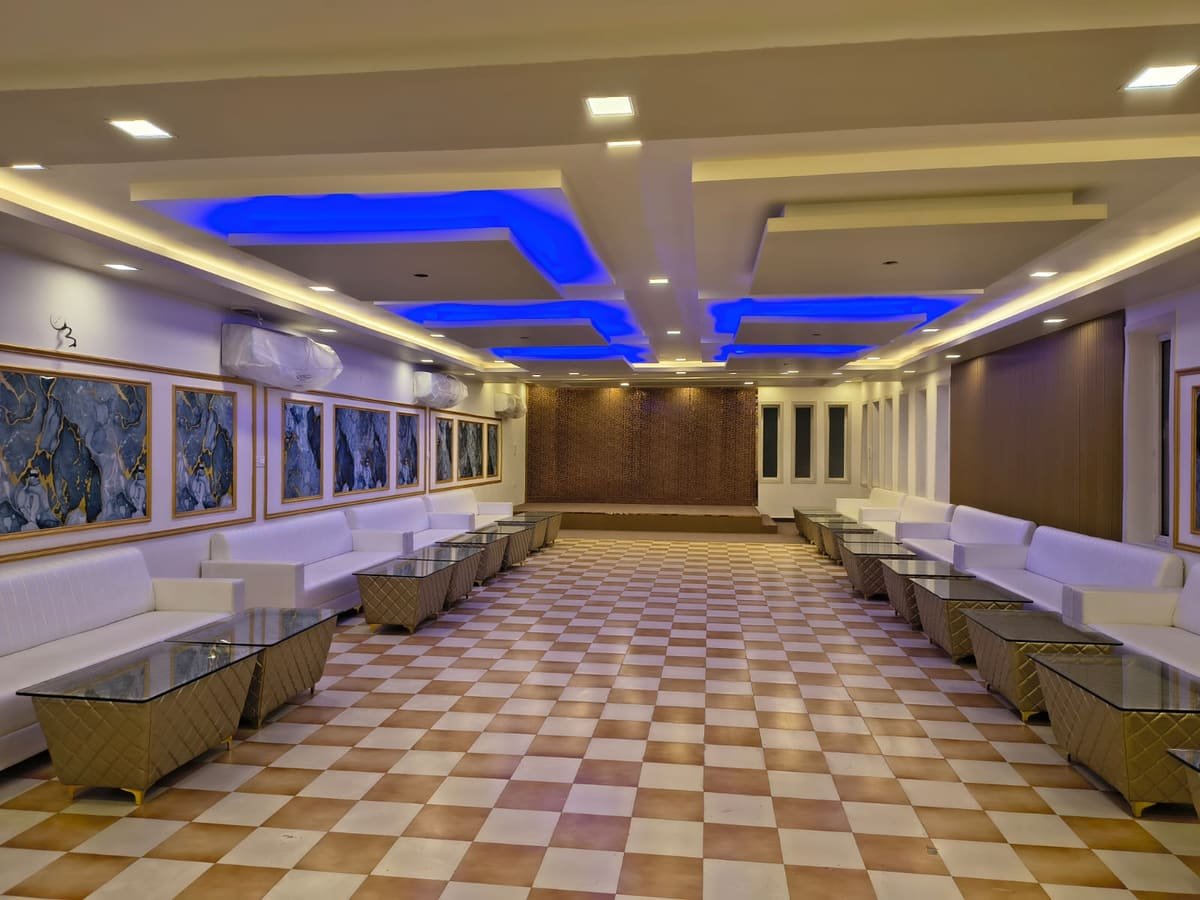 The banquet hall set up for a party